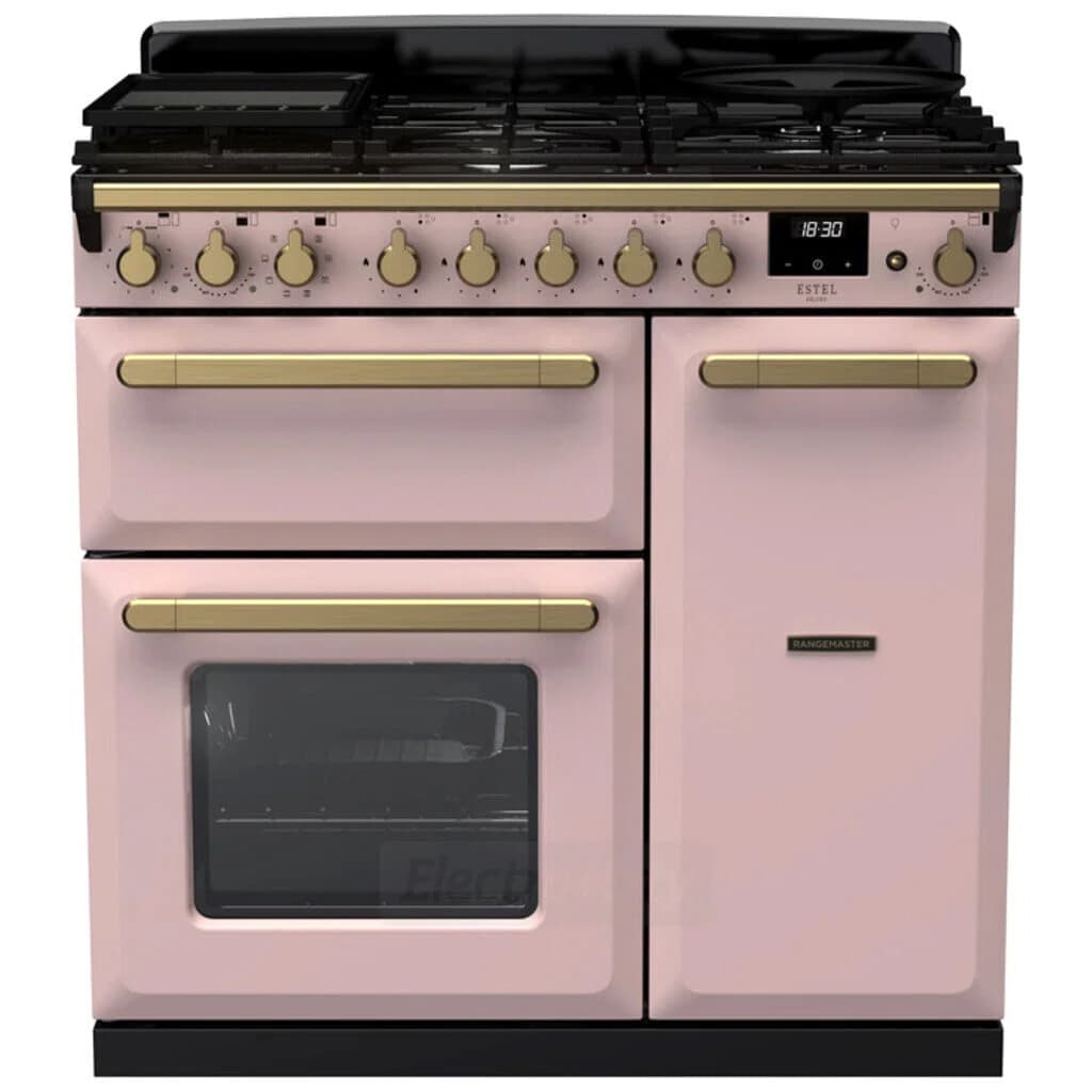Rangemaster Estel Deluxe 90cm Dual Fuel Range Cooker | Pale Pink with Brass Trim