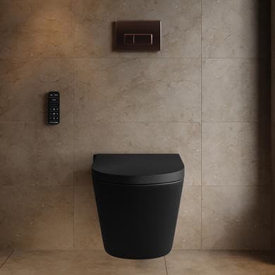 Matt Black Wall Hung Smart Bidet Japanese Toilet & 1160mm Frame Cistern with Brushed Bronze Pneumatic Flush Plate - Purificare