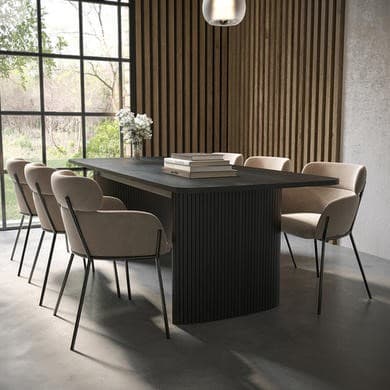 Large Rectangular Black Oak Extendable Dining Table Set with 6 Beige Velvet Chairs - Seats 6 - Jarel