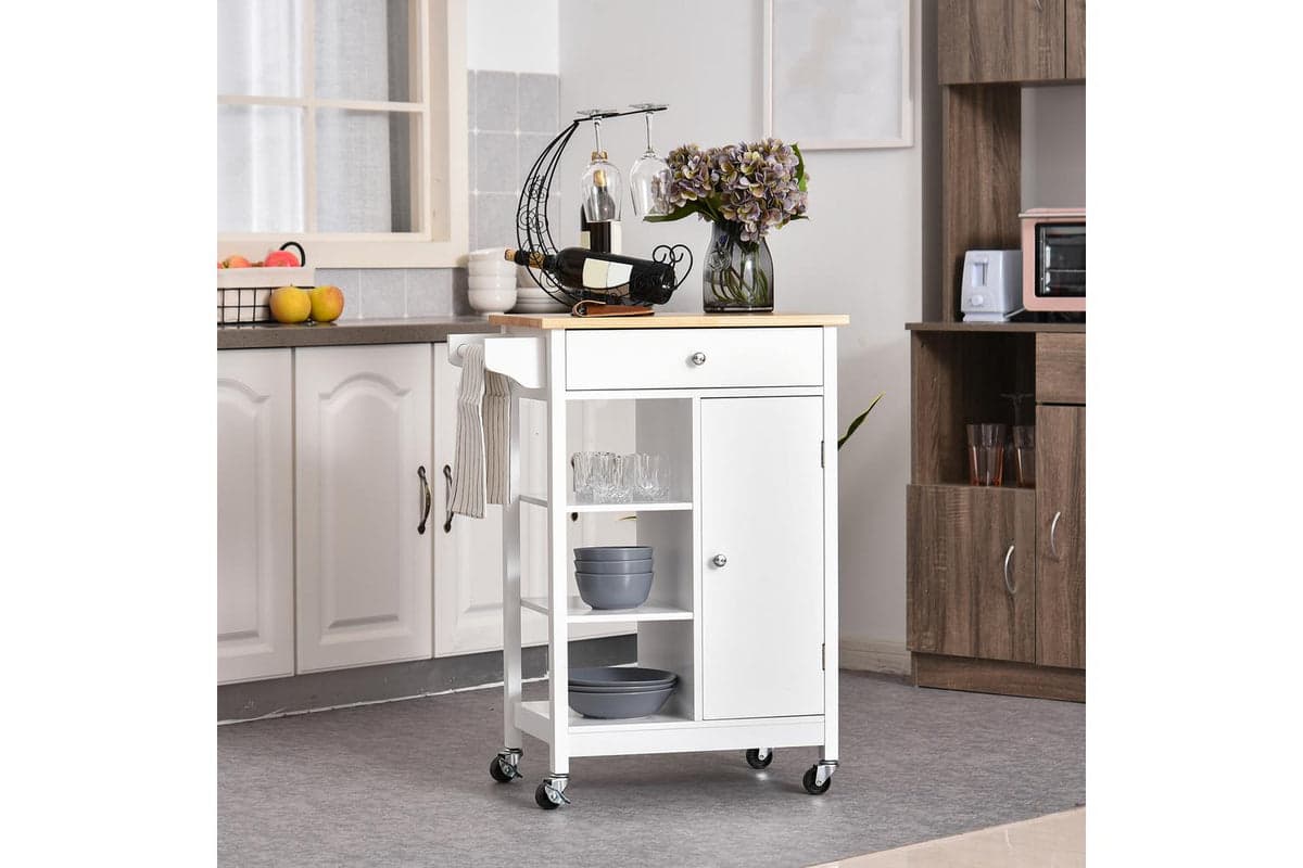 Homcom MDF Kitchen Storage Trolley Cart | White/Natural
