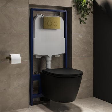Matt Black Wall Hung Rimless Toilet with Soft Close Seat, Brushed Brass Mechanical Flush Plate, 1168mm Frame & Cistern – Newport