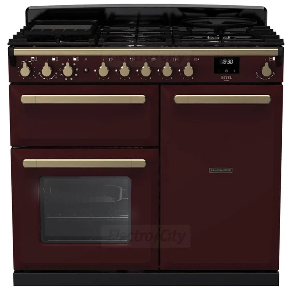 Rangemaster Estel Deluxe 100cm Dual Fuel Range Cooker | Bordeaux with Brass Trim
