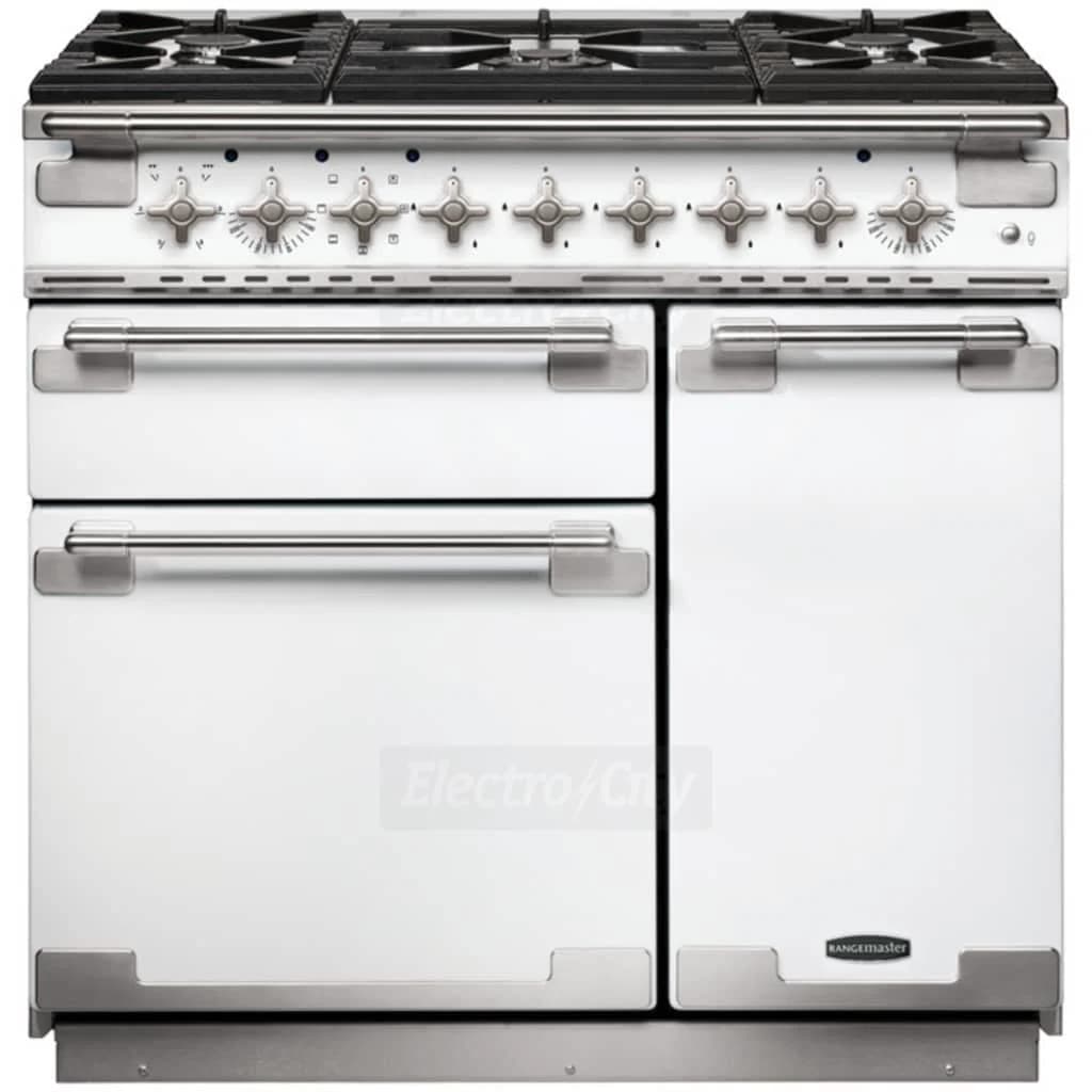 Rangemaster Elise 90cm Dual Fuel Range Cooker | White with Brushed Nickel Trim