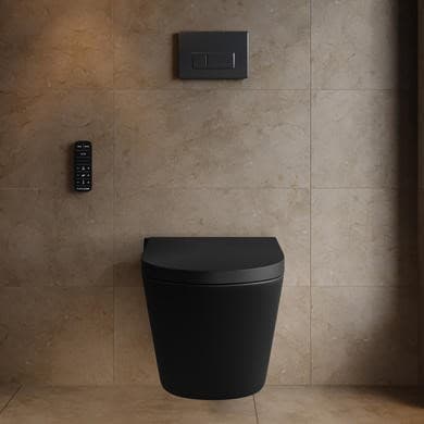 Matt Black Wall Hung Smart Bidet Japanese Toilet & 1160mm Frame Cistern with Gunmetal Grey Pneumatic Flush Plate - Purificare