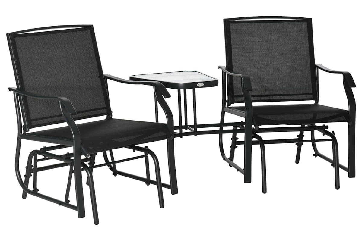 Outsunny Outdoor Glider Chair Set with Glass Top Table | Black