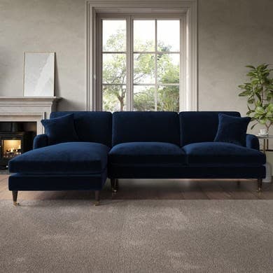 Navy Blue Velvet Left Hand Facing 4 Seater Chaise Corner Sofa - Payton