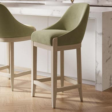 Sage Green Velvet Kitchen Stool with Solid Wood Legs - Madeline