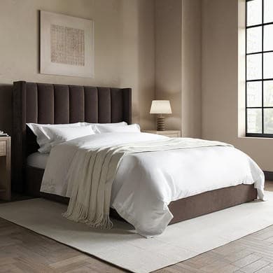 Chocolate brown - Velvet End-Lift Ottoman Storage Bed with Winged Headboard - Maddox