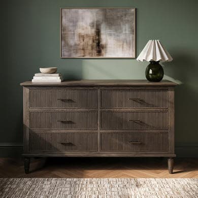 Large Dark Wood Ribbed 6 Drawer Chest of Drawers - Farah