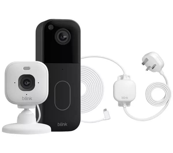 BLINK Home Security Starter Kit Outdoor with Video Doorbell System, Mini 2K+ Security Camera & Weather Resistant Power Adapter Bundle