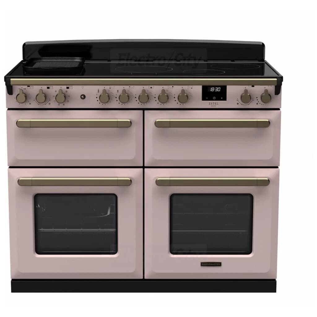 Rangemaster Estel Deluxe 110cm Induction Range Cooker with Slow Cook Oven | Pale Pink with Brass Trim