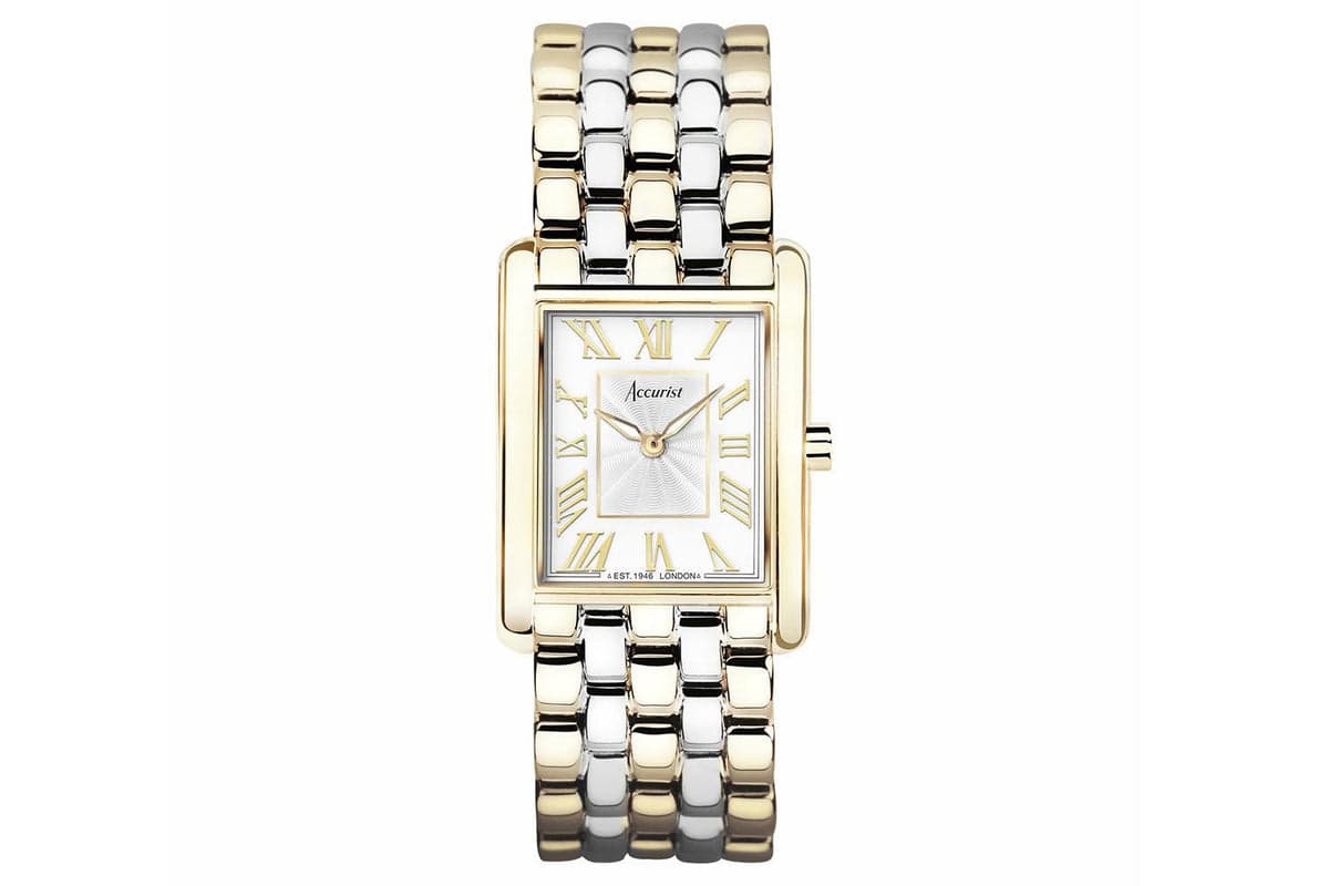 Accurist Rectangle Ladies Watch | Gold Case & Two Tone Stainless Steel Bracelet With White Dial | 26mm