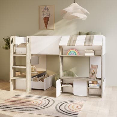 White and Oak Mid Sleeper Cabin bed with Storage - Marcel