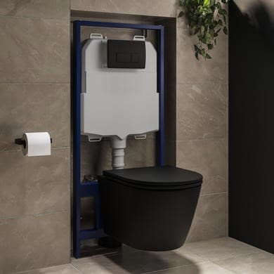 Matt Black Wall Hung Rimless Toilet with Soft Close Seat, Matt Black Pneumatic Flush Plate, 1168mm Frame & Cistern – Newport