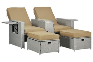 Outsunny Rattan Sun Lounger with Footstool | Khaki/Beige | 5 Pieces