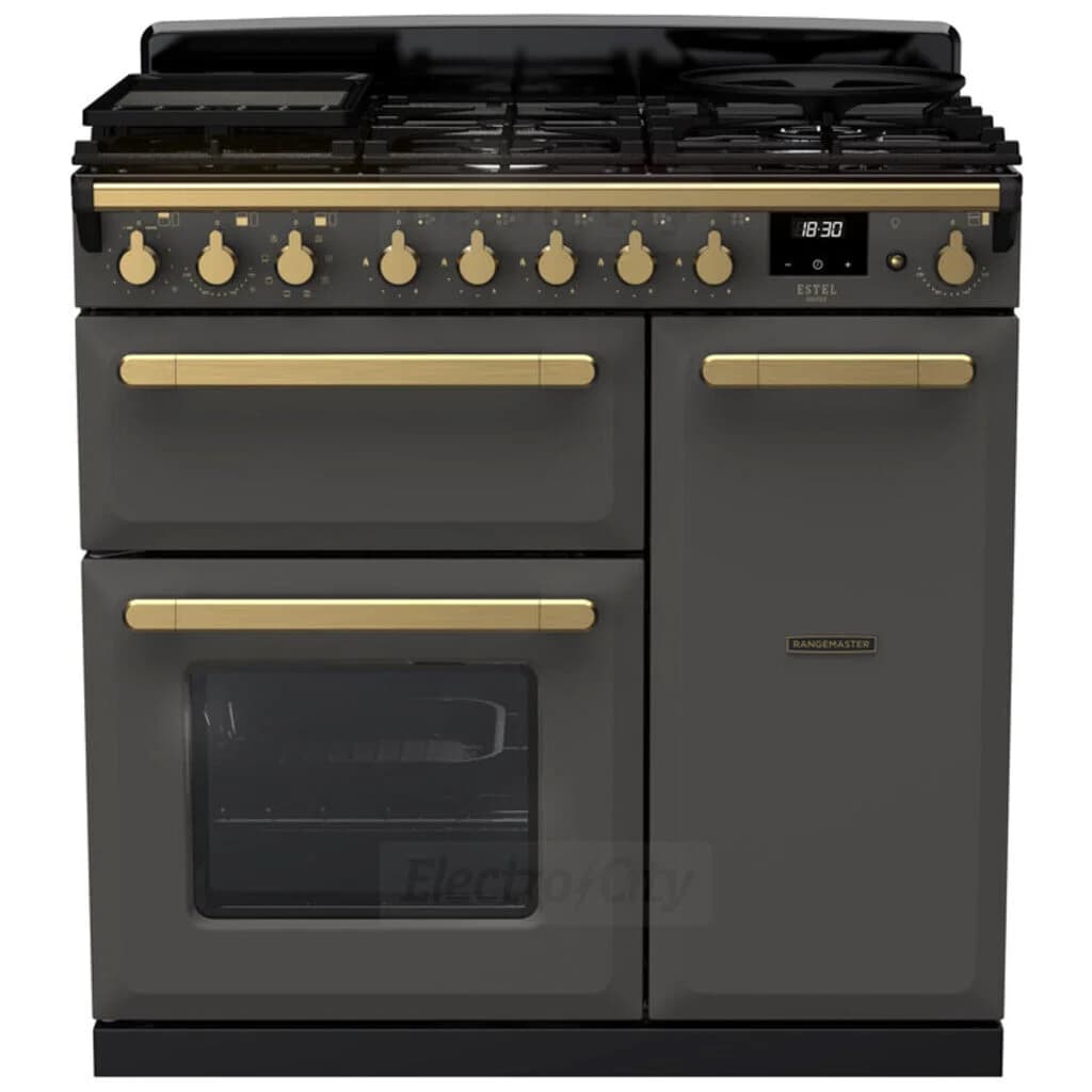 Rangemaster Estel Deluxe 90cm Dual Fuel Range Cooker | Slate with Brass Trim
