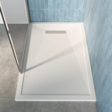 GRADE A1 - 1200x800mm Rectangular Low-Profile Shower Tray 25mm with Linear Waste - White Stone Resin - Cascade