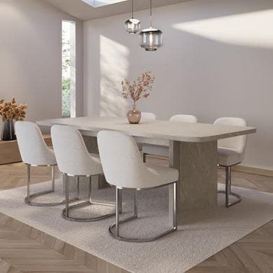 Large Rectangular Beige Marble Effect Extendable Dining Table Set with 6 Boucle Chairs - Seats 6 - Geneva