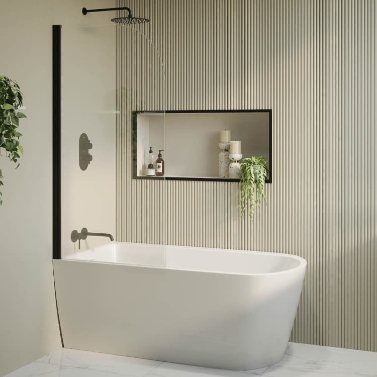 Freestanding Shower Bath Single Ended Left Hand Corner with Black Bath Screen 1650 x 800mm - Amaro