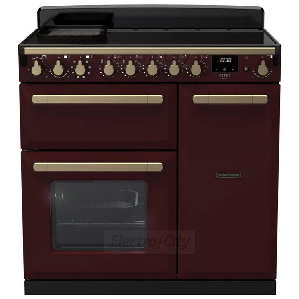 Rangemaster Estel Deluxe 90cm Induction Range Cooker | Bordeaux with Brass Trim