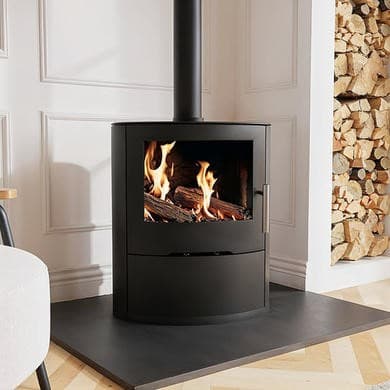 Round Cast Iron Log Burning Multi-Fuel Stove in Black - 6.9kW - AmberGlo