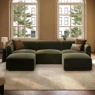 Large Olive Green Velvet 4-Seater U-Shape Modular Chaise Sofa - Laine