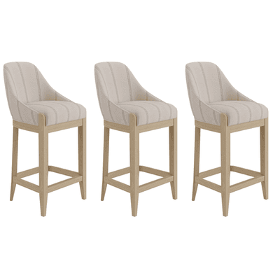 Set of 3 Beige and Blue Striped Upholstered Kitchen Stools with Solid Wood Legs - Madeline
