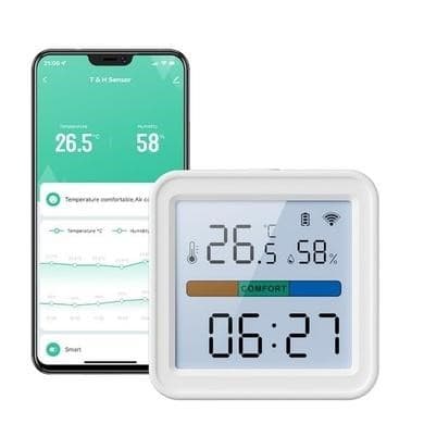 Tuya Smart WiFi Swiss-Precision Temp & Humidity Sensor with Backlit LCD 24 hr Clock and Follow-Me Climate Control