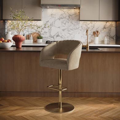 Beige and Gold - Curved Back Adjustable Swivel Bar Stools with Gold Base  - Runa