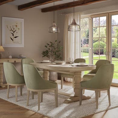 Farmhouse Extending Dining Table Set with 6 Sage Green Velvet Dining Chairs - Madeline