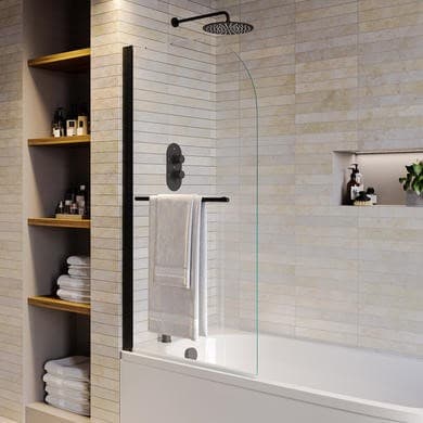 Black Hinged Shower Bath Screen with Towel Rail 1450 x 775mm - Taurus