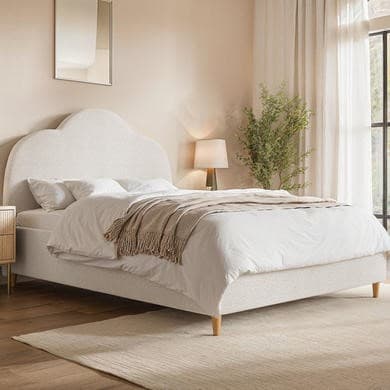 Boucle Ottoman Storage Bed with legs and Scalloped Headboard - Roma