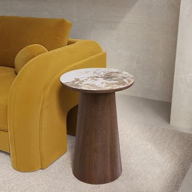 Round Walnut and Neutral Marble Effect Side Table - Malia