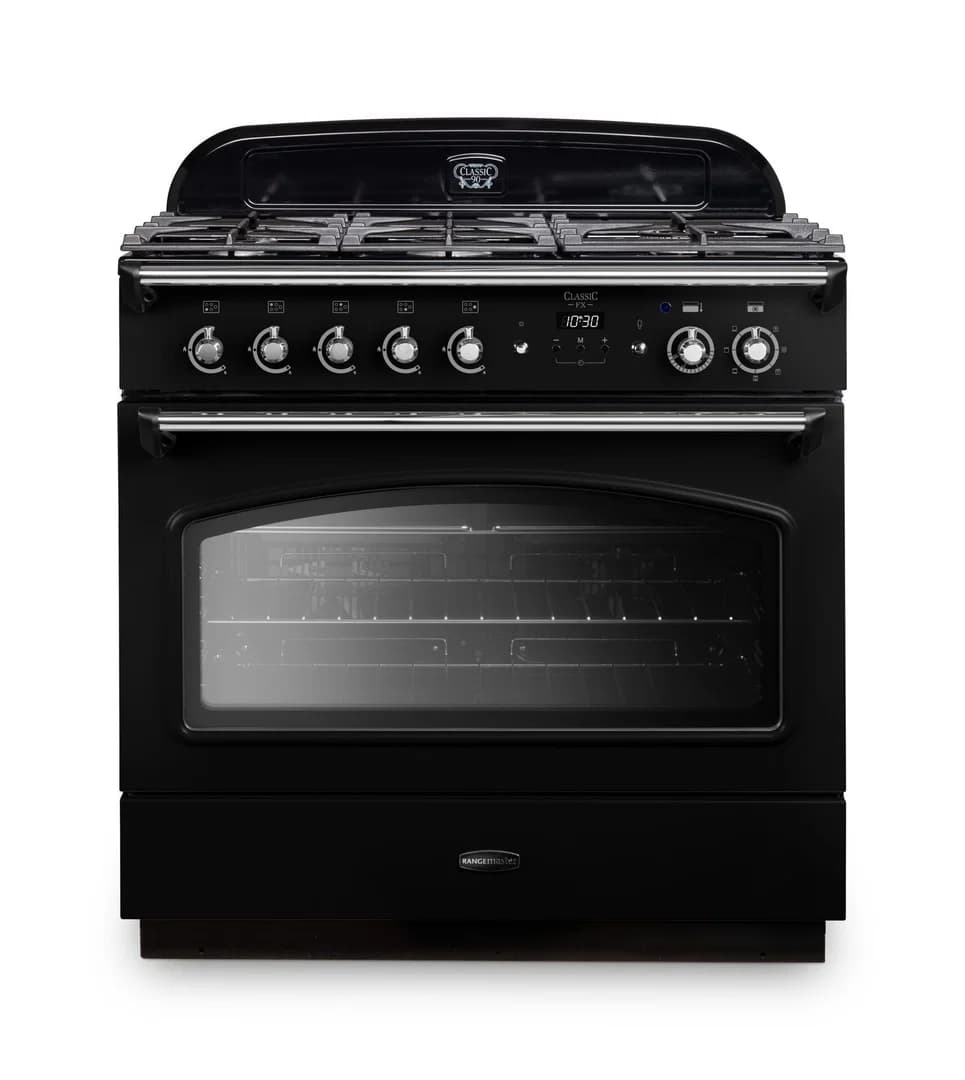 Rangemaster Classic FX 90 Dual Fuel 90cm Range Cooker | Black with Chrome Trim