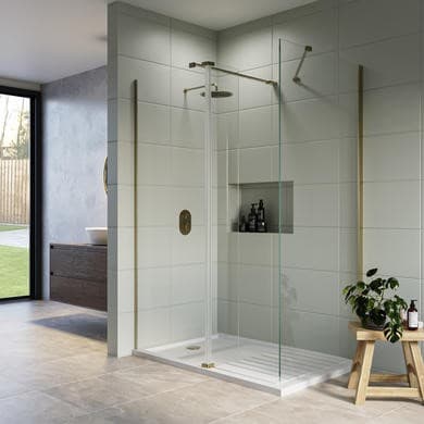 1400x900mm Brushed Brass Walk-In Shower Screen Enclosure with 300mm Hinged Flipper Return Panel and Shower Tray – Corvus