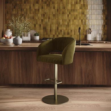 Olive green and Brass - Curved Back Adjustable Swivel Bar Stools with Brass Base  - Runa