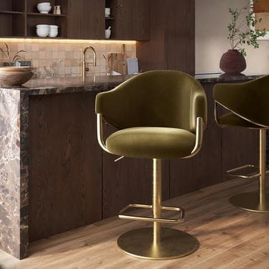 Olive green and Gold - Upholstered Adjustable Swivel Bar Stools with Gold Base - Ronnie
