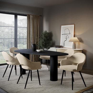 Large Black Oak Pebble Dining Table Set with 6 Beige Upholstered Chairs - Seats 6 - Oscar