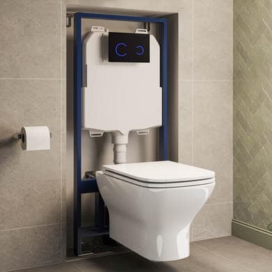 Wall Hung Rimless Toilet with Soft Close Seat, Black Glass Sensor Flush Plate, 1168mm Frame & Cistern – Palma