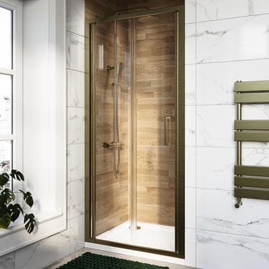 ONLY OPENED - 800mm Brushed Brass Bi-Fold Shower Door 6mm Glass - Carina