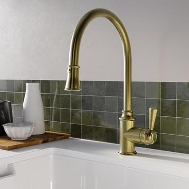 Brushed Brass Single Lever Pull Out Traditional Monobloc Kitchen Mixer Tap - Enza Evelyn