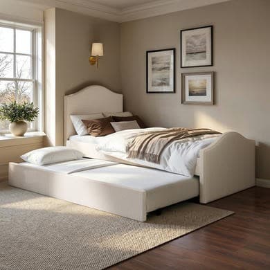 Cream - Upholstered Single Guest Bed With Trundle - Elsie
