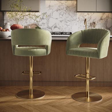 Set of 2 Curved Sage Green Velvet Adjustable Swivel Bar Stools with Gold Metal Base - Runa