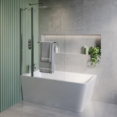 Freestanding Single Ended Left Hand Corner Shower Bath with Chrome Bath Screen with Fixed Panel & Towel Rail 1500 x 740mm - Kona