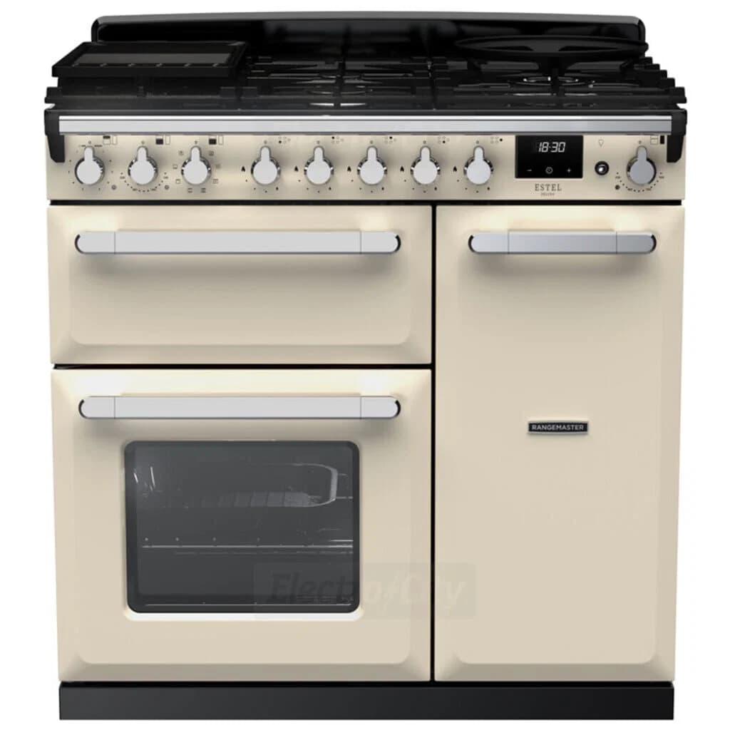 Rangemaster Estel Deluxe 90cm Dual Fuel Range Cooker | Pale Cream with Chrome Trim