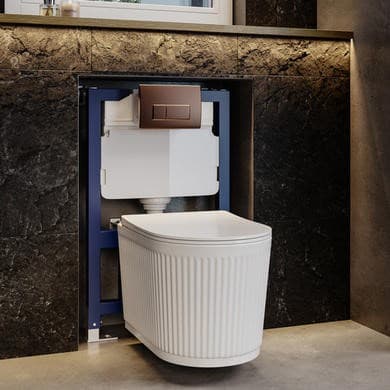 Fluted Wall Hung Rimless Toilet with Soft Close Seat, Brushed Bronze Pneumatic Flush Plate, 820mm Frame & Cistern – Oregon