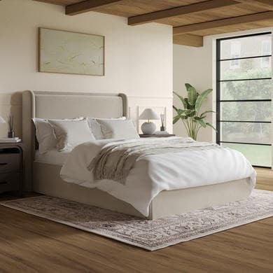 Beige - Velvet End-Lift Ottoman Storage Bed with Cushioned Headboard - Frida