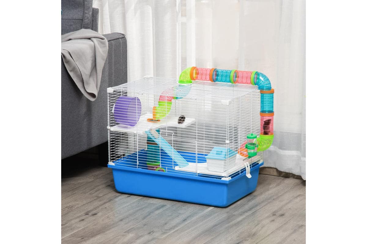 PawHut D51-234BU Hamster Cage with Tubes Tunnel Three-Level | Blue