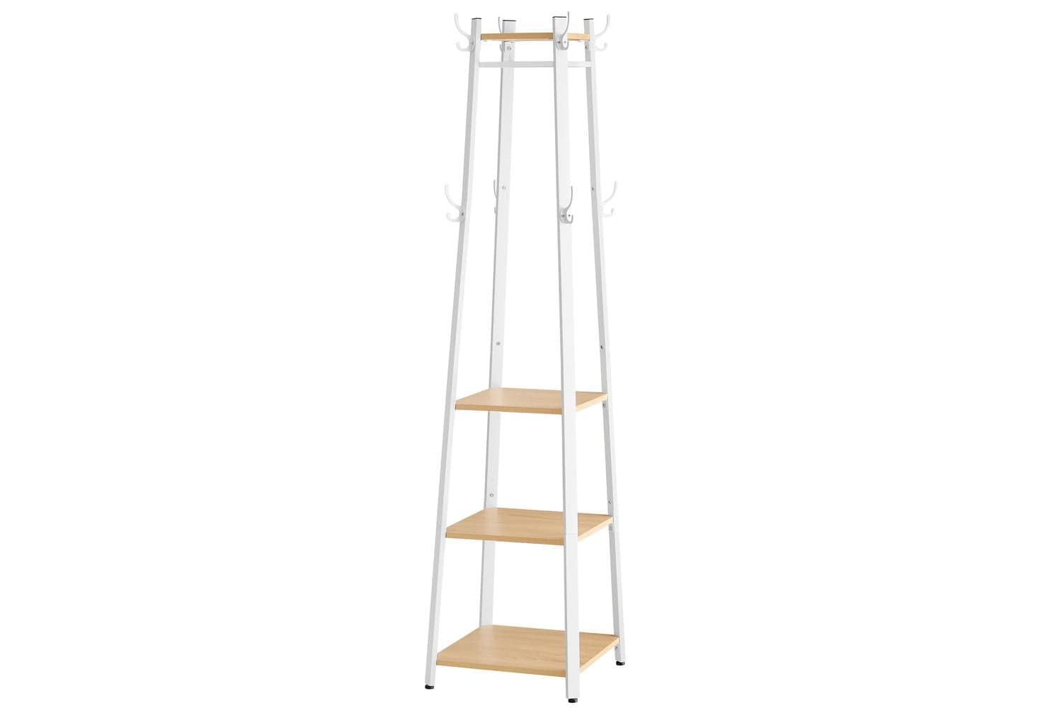 Coat Rack With 3 Shelves | Hall Tree Free Standing With Hooks | Steel Frame | Oak And White | 181.7cm