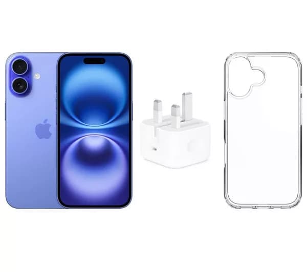 APPLE iPhone 16 (128 GB, Ultramarine), 20 W USB Type-C Power Adapter & Clear Case Bundle